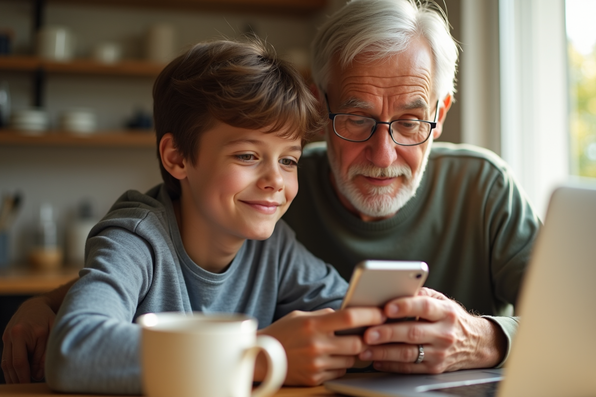 Adolescent et grand-parent utilisant un smartphone à la cuisine