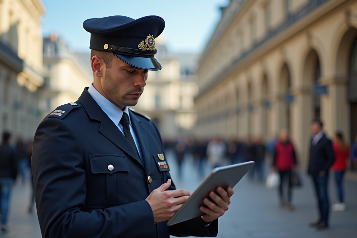 Agent municipal utilisant une tablette près de l Hôtel de Ville