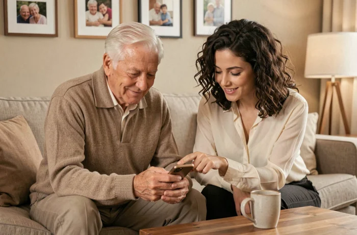 Une femme aide un homme âgé sous tutelle à télécharger l'application Mon Proxima sur un smartphone dans un salon familial