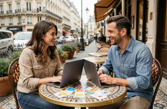 Deux adultes pratiquant le français ensemble en terrasse de café parisien avec ordinateurs portables et fiches de conversation