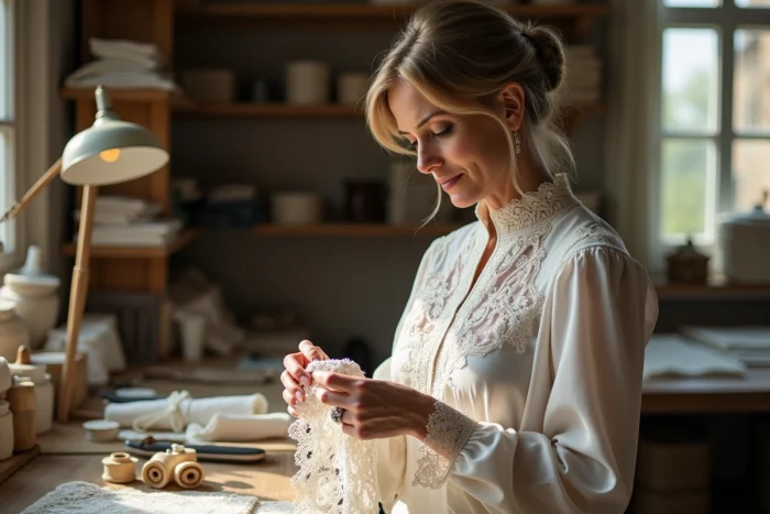Femme française examine délicatement de la dentelle artisanale