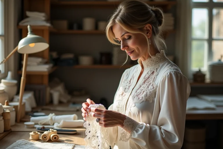 Femme française examine délicatement de la dentelle artisanale