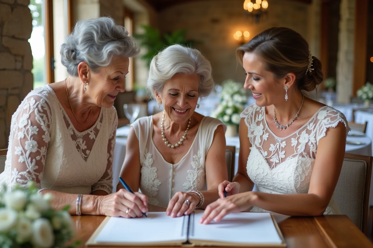 Trois générations de femmes assemblant un livre d