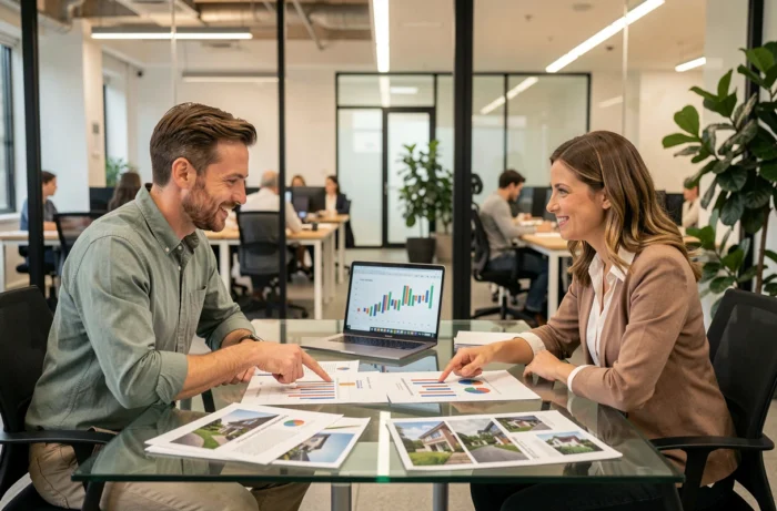 Deux associés discutant de stratégies d'investissement immobilier autour de rapports financiers dans une salle de réunion moderne