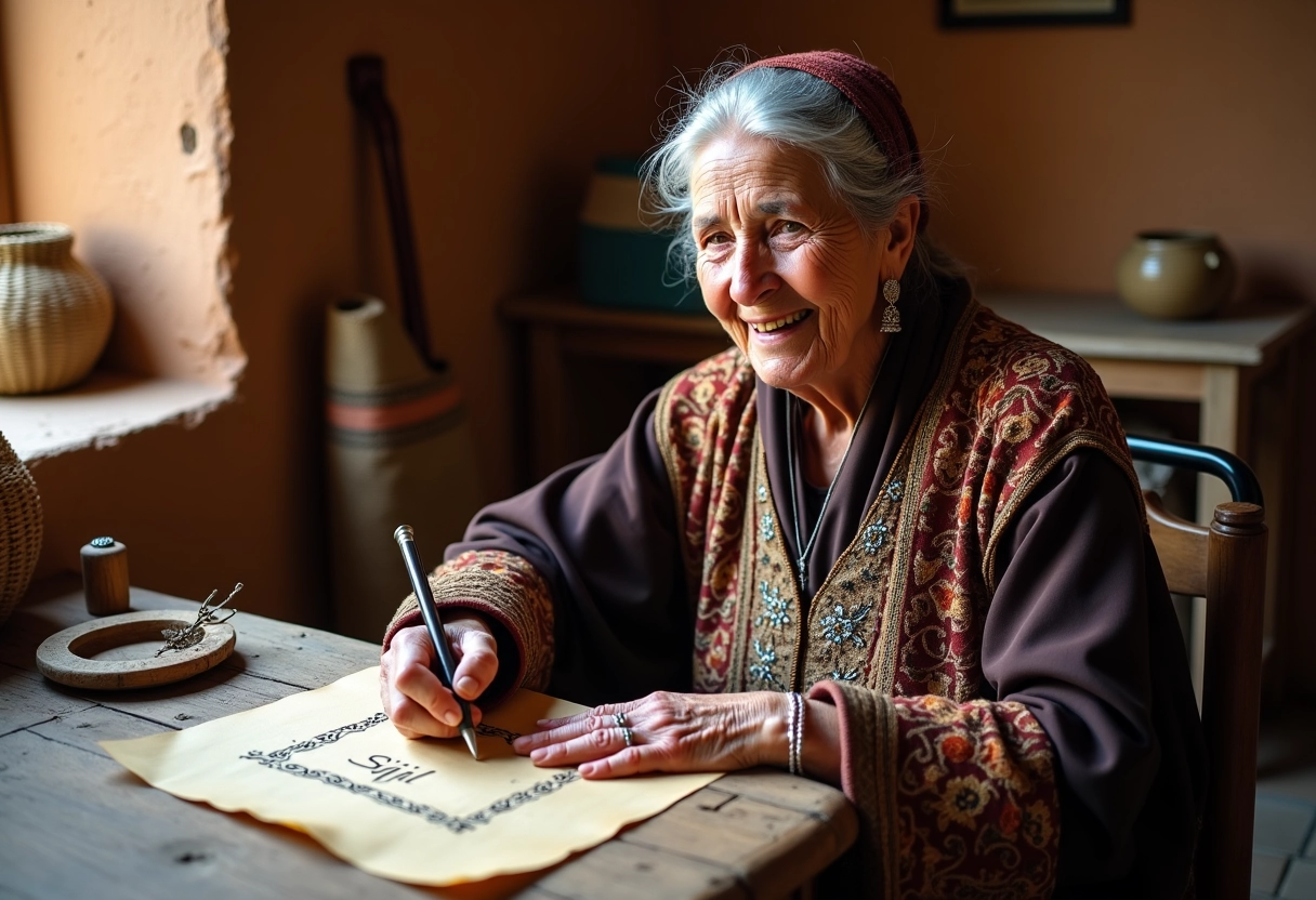 Femme berbere âgée écrivant en tifinagh dans un intérieur traditionnel