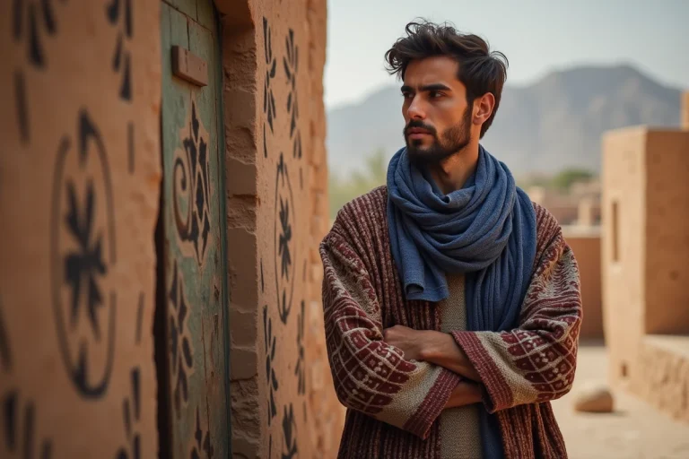 Jeune homme berbere en tenue traditionnelle devant une porte ancienne