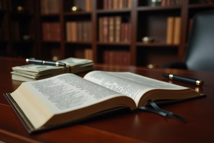 Bible ouverte et billets de dollars sur bureau en acajou symbolisant la richesse des pasteurs évangéliques aux États-Unis