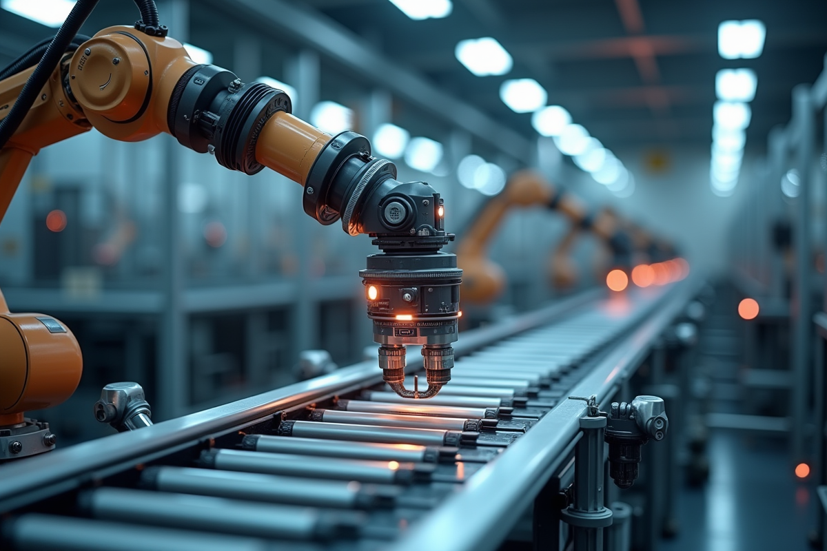 Bras robotique automatisé assemblant des composants en usine