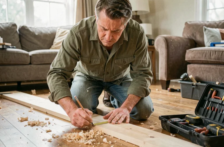 Homme bricoleur mesurant une planche en bois sur un parquet lors de travaux de rénovation à la maison