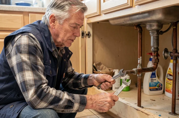 Homme bricoleur inspectant les tuyaux sous l'évier de cuisine avec une clé à molette