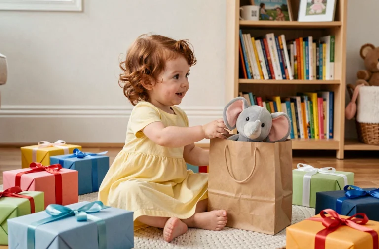 Petite fille de 2 ans assise sur un plancher en bois entourée de cadeaux colorés et d'un jouet en peluche éléphant, regard émerveillé