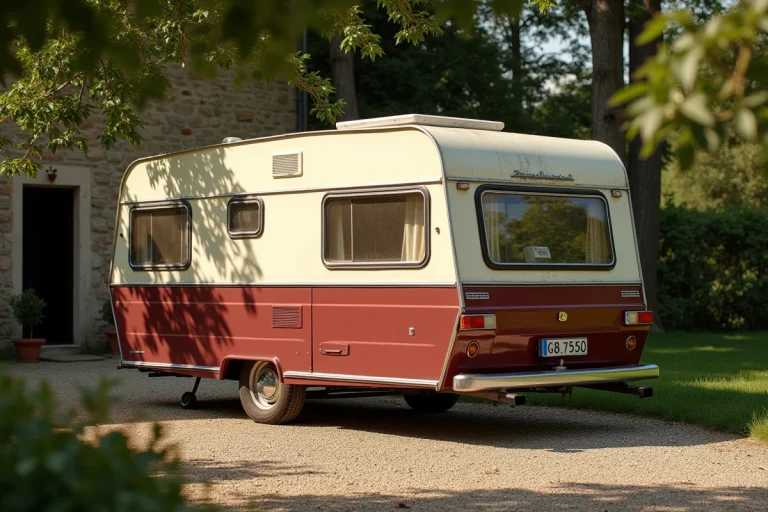Caravane Rubis vintage des années 1970 garée devant une ferme en pierre en France, extérieur crème et bordeaux avec patine authentique