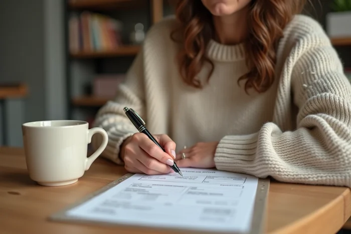 Femme remplissant un formulaire de changement d'adresse à la Banque Postale à son domicile
