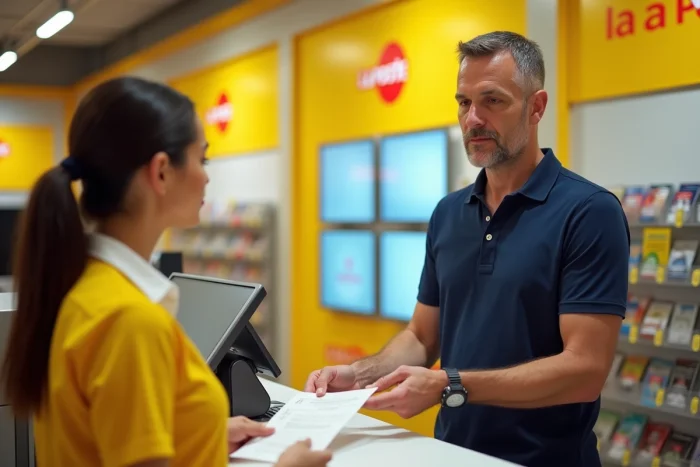 Client effectuant un changement d'adresse en bureau de poste avec un agent La Banque Postale