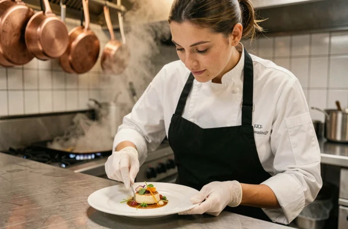 Cheffe cuisinière professionnelle en toque blanche dressant une assiette gastronomique dans une cuisine de restaurant moderne
