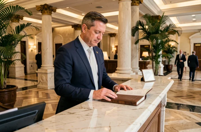 Concierge d'hôtel en costume marine derrière un bureau en marbre dans un grand lobby hôtelier luxueux
