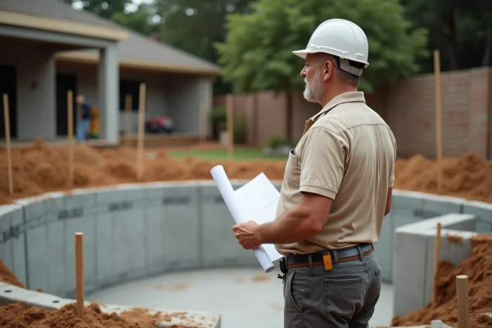 Entrepreneur de construction examinant les plans d'une piscine privée en cours de réalisation dans un jardin résidentiel