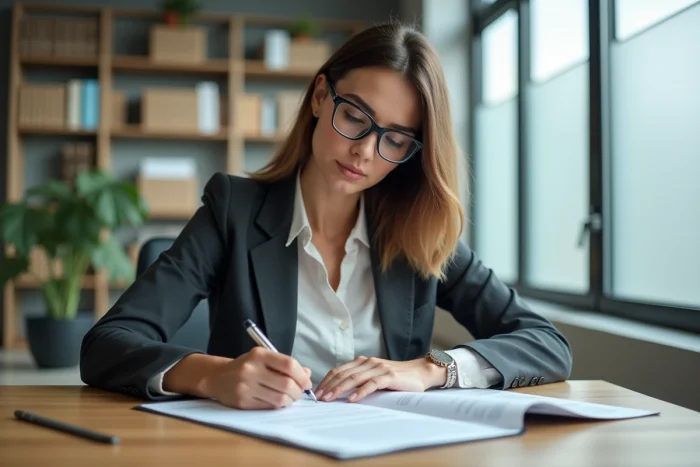 Femme examinant attentivement un contrat d'achat de véhicule dans un bureau professionnel