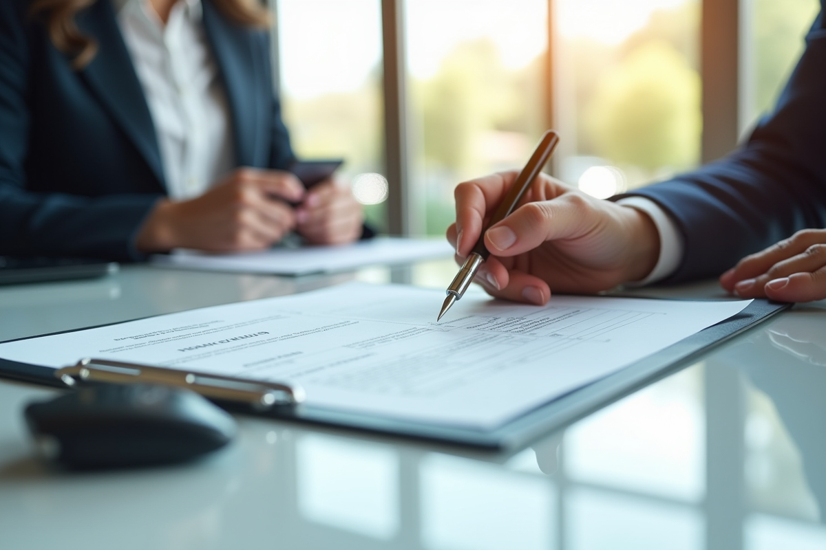 Main signant un contrat de location de voiture sur un bureau lumineux