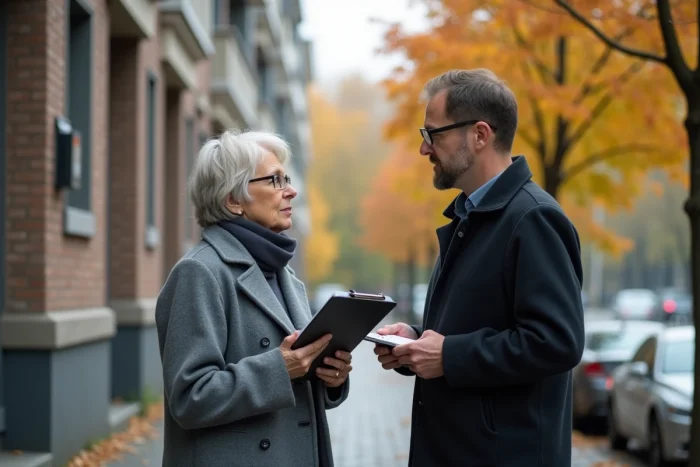 Copropriétaires discutant devant un immeuble résidentiel lors des démarches de sortie d'une copropriété verticale