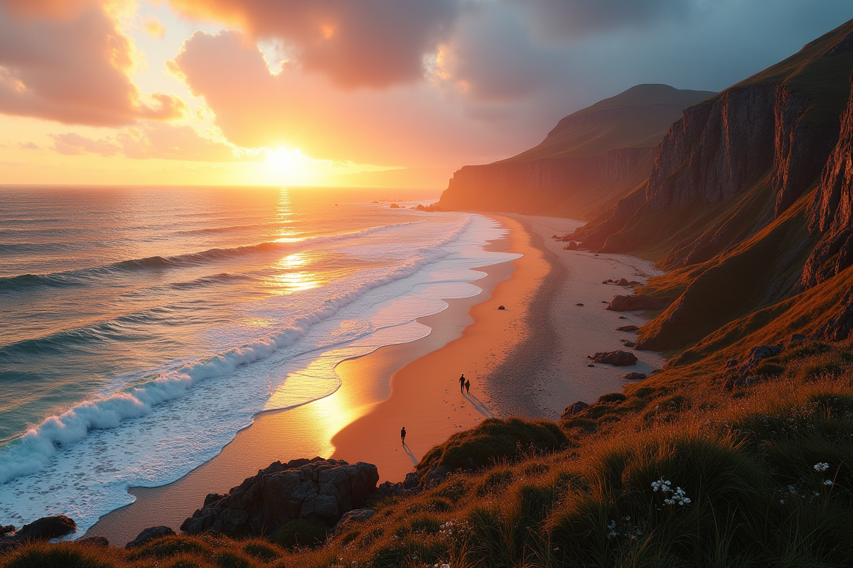 Côte atlantique au coucher du soleil avec falaises et couple