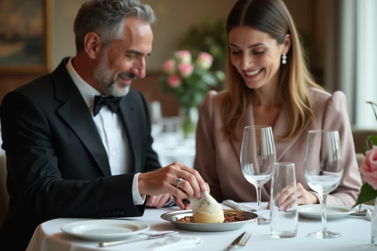 Couple élégant échangeant un pourboire dans un restaurant étoilé