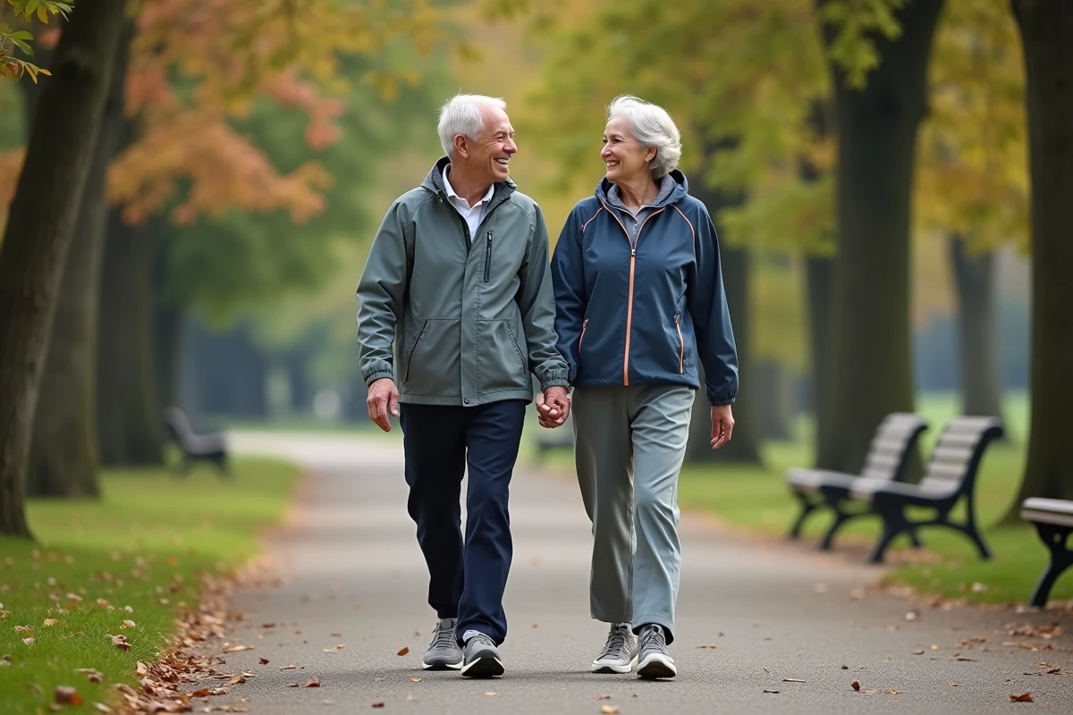 Couple senior marchant dans un parc en plein air