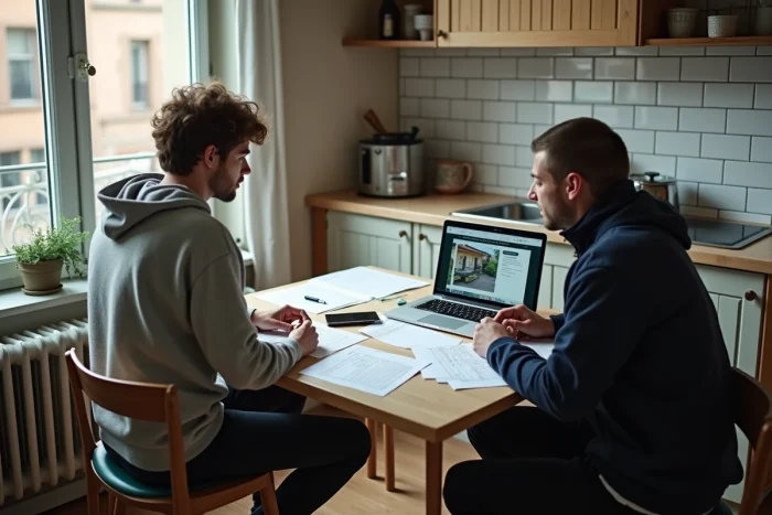 Couple étudiant des annonces immobilières et documents de location dans une cuisine parisienne pour un déménagement en zone tendue