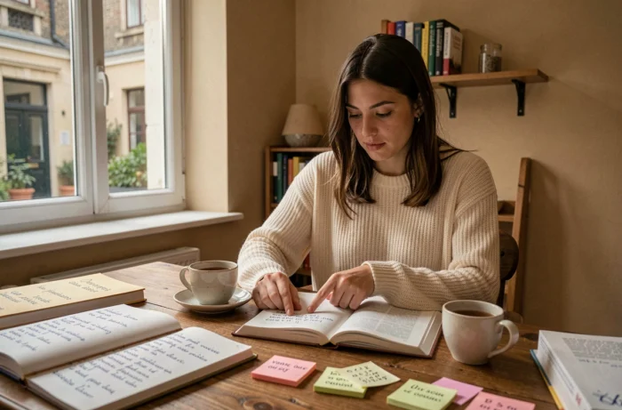 Jeune femme apprenant le français avec des cahiers et livres de vocabulaire sur un bureau en bois dans un bureau à domicile cosy