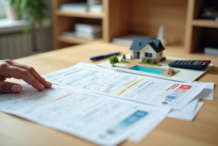 Documents de déclaration fiscale pour une piscine privée posés sur un bureau avec un modèle architectural de maison