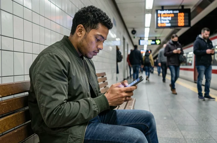 Jeune personne faisant une demande de crédit en ligne rapide sur smartphone dans le métro