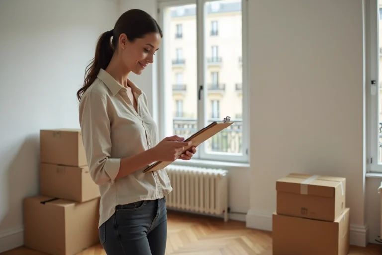 Jeune femme consultant une liste dans un appartement vide avec des cartons de déménagement en zone urbaine dense