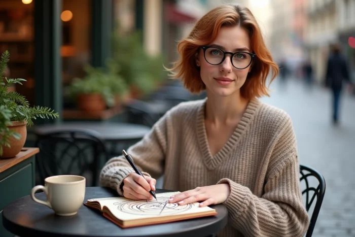 Jeune femme dessinant des motifs énergétiques dans un carnet dans un café en terrasse à l'atmosphère paisible
