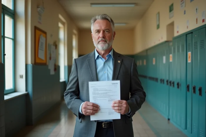 Directeur d'établissement scolaire tenant un formulaire administratif avec le code UAI dans un couloir d'école française