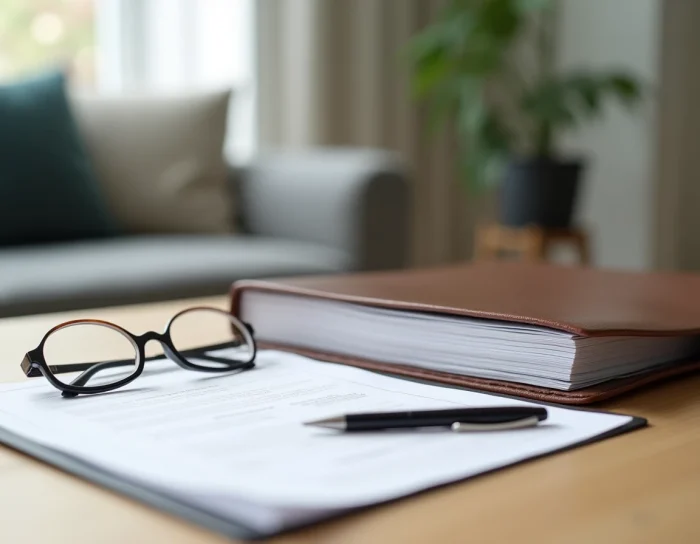 Dossier de documents juridiques familiaux posé sur un bureau en bois clair avec des lunettes et un stylo, évoquant une démarche légale de reconnaissance de paternité