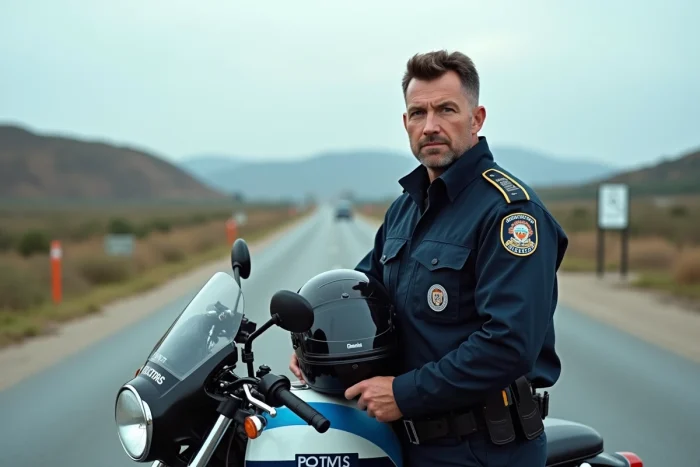 Douanier motard en uniforme officiel debout à côté d'une moto des douanes sur une route frontalière