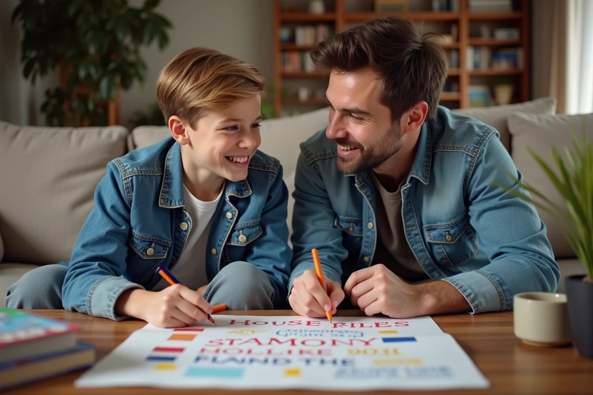 Fils et père créant une affiche de règles dans le salon
