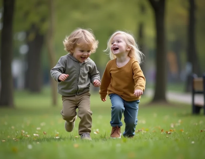 Deux enfants jouant ensemble dans un parc, garçon et fille en vêtements décontractés, scène familiale naturelle et authentique