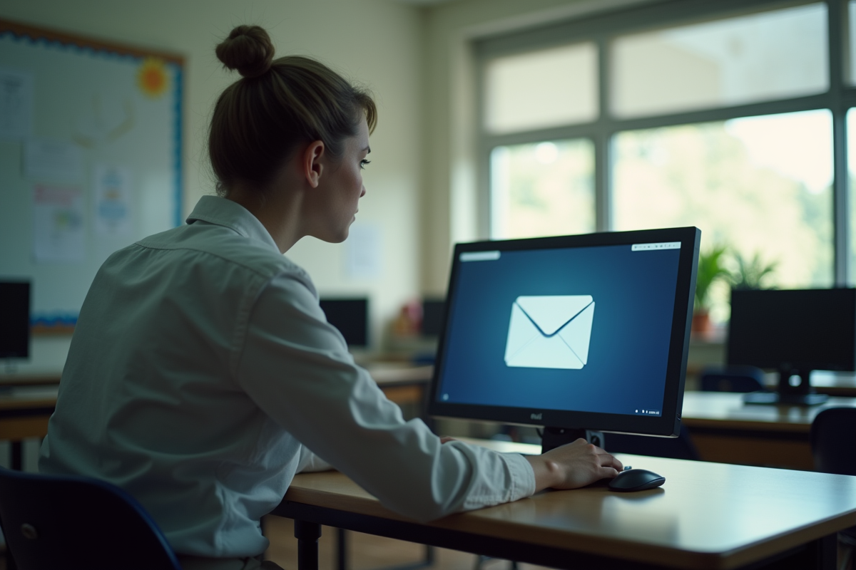 Enseignant seul lisant un message webmail dans une classe calme