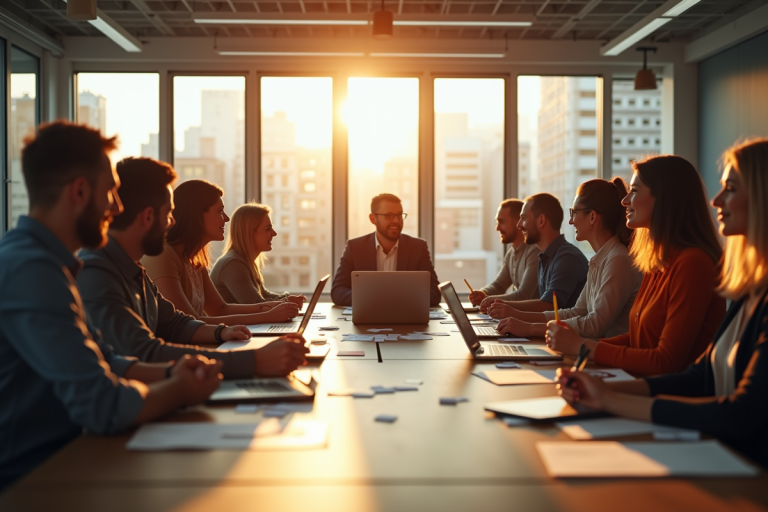 Groupe divers d'employes en brainstorming dans un bureau lumineux