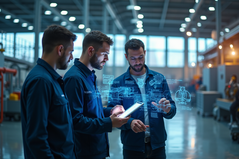 Équipe d'ingénieurs dans une usine moderne avec table tactile