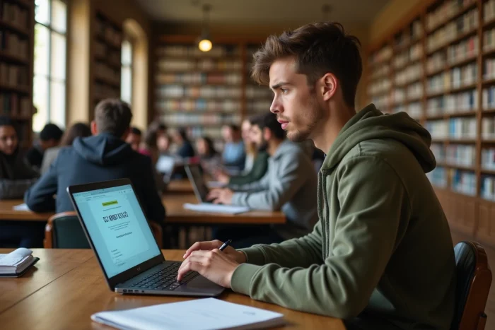 Étudiant remplissant un formulaire d'inscription en ligne avec le code UAI de son établissement sur un ordinateur portable en bibliothèque universitaire