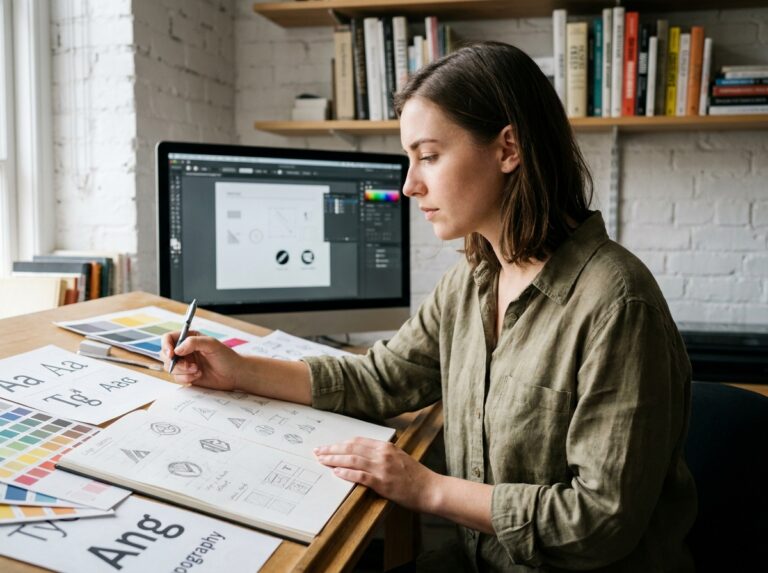 Étudiante en graphisme analysant des maquettes et échantillons de couleurs dans un studio de design créatif