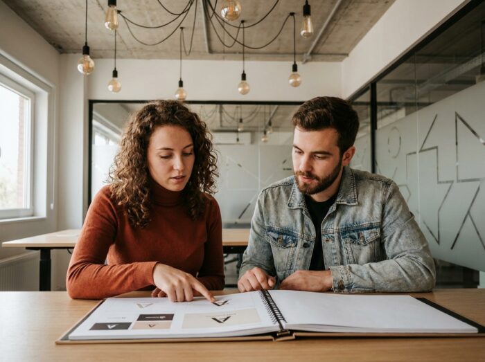Deux étudiants en graphisme échangeant sur des projets de portfolio imprimés dans un espace de travail collaboratif
