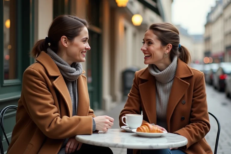 Deux femmes françaises échangent chaleureusement en terrasse de café parisien, illustrant l'usage affectueux de l'expression « ma belle » entre amies