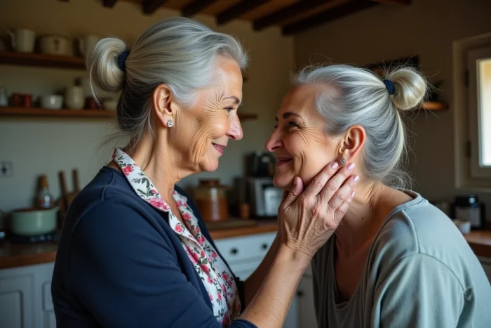 Une grand-mère française exprime tendrement son affection envers sa fille dans une cuisine provençale, évoquant le sens affectueux de l'expression « ma belle »