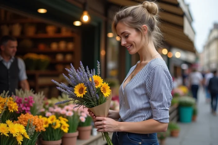 Une jeune femme française sourit en lisant un message affectueux sur un marché aux fleurs de Lyon, en lien avec l'expression traditionnelle « ma belle »
