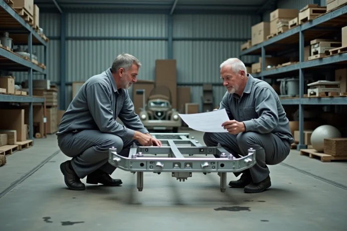Deux ouvriers d'usine inspectant le châssis en aluminium d'une caravane Rubis en cours d'assemblage dans un atelier de fabrication français