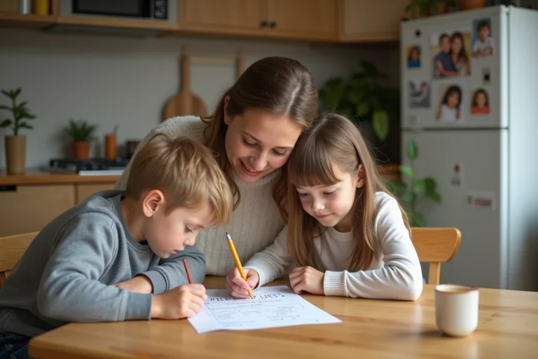 Mère et enfants discutant des règles de la maison dans la cuisine