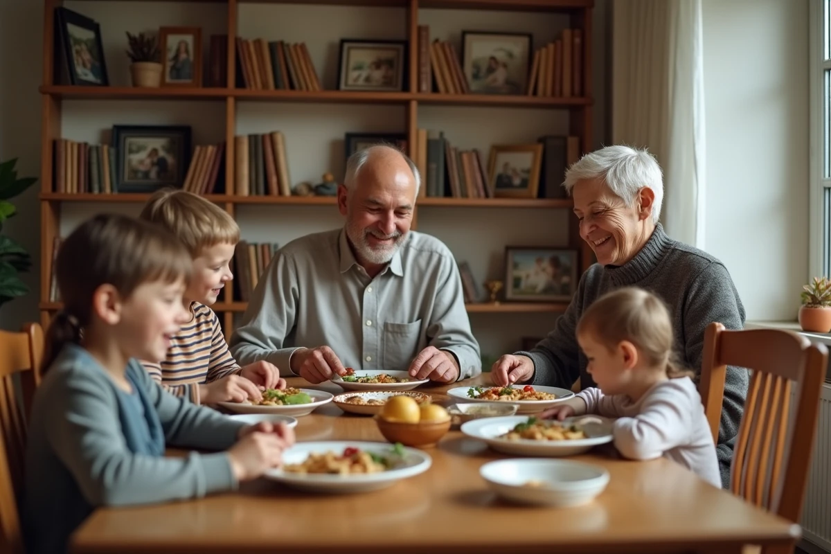 Famille modeste partageant un repas dans leur salon chaleureux